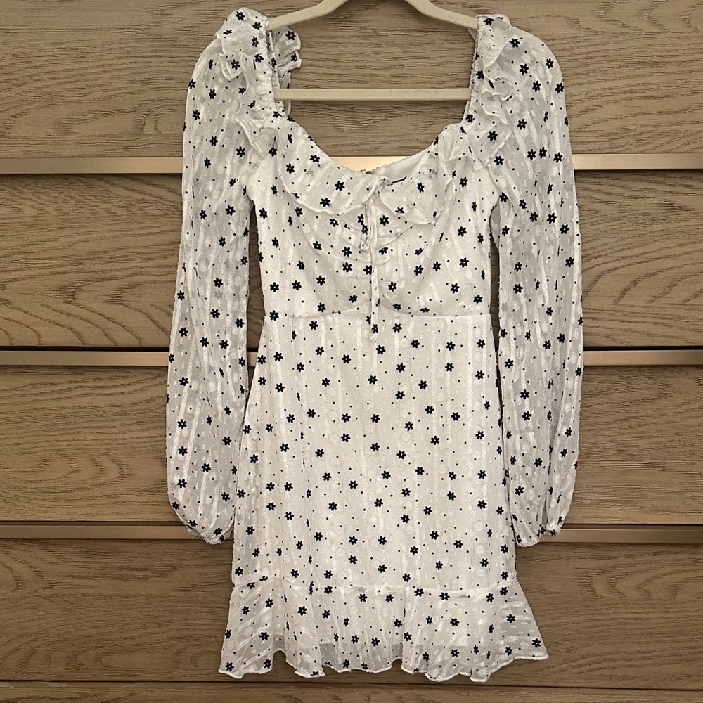 White Dress with Black Flower Pattern